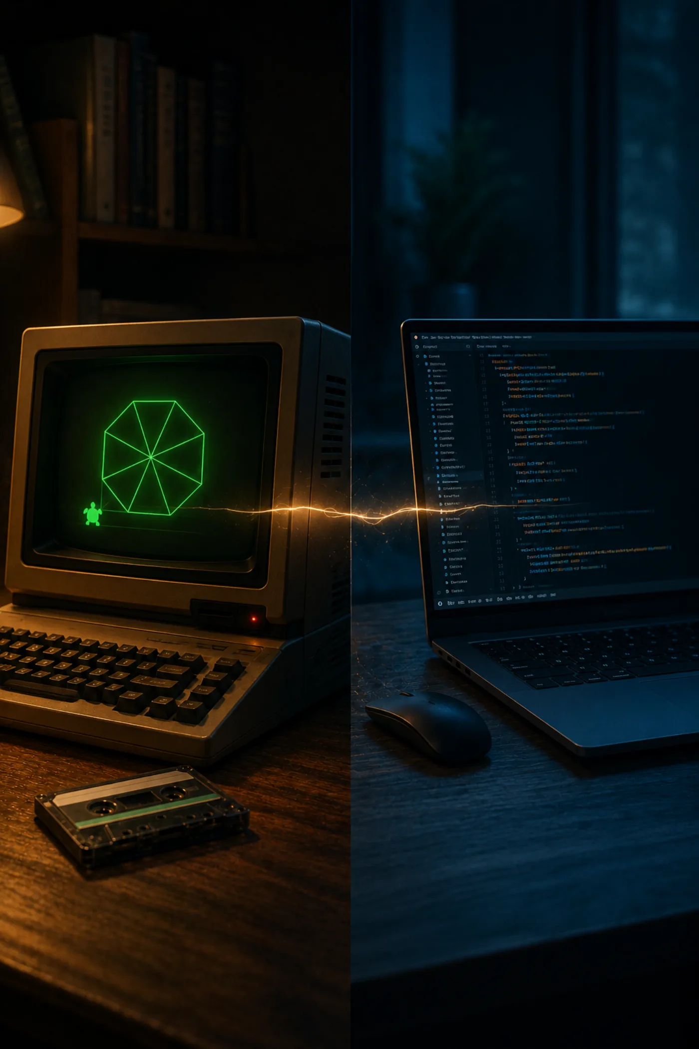 Dos generaciones, un mismo lenguaje: la vieja pantalla de fósforo verde y la moderna, unidas por una misma línea de luz. La forma de pensar se hereda; el punto de arranque cambia.